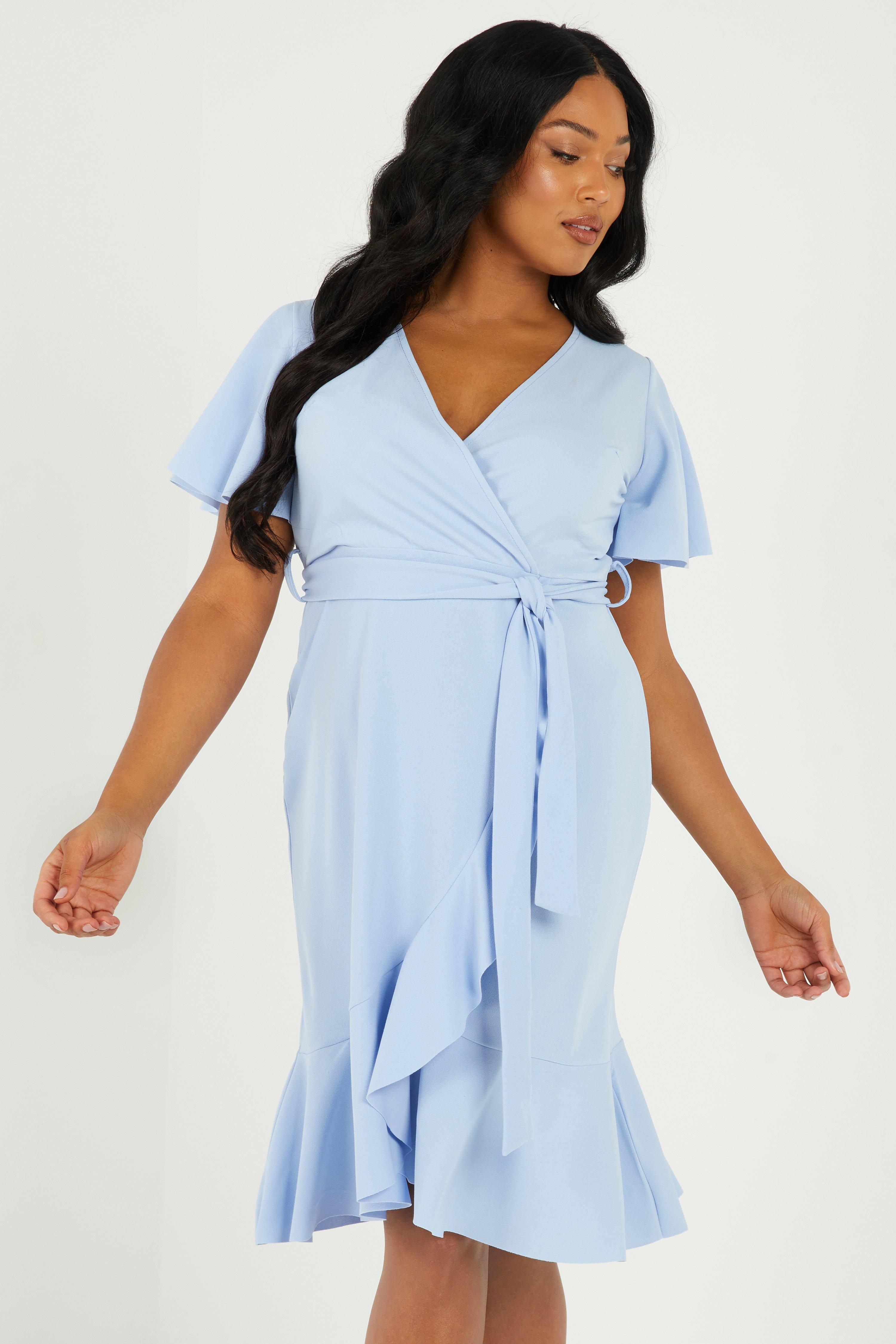 Curve Blue Frill Midi Dress - Quiz Clothing
